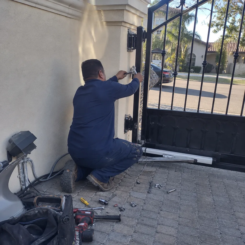 Technician performing automatic gate opener repair on a residential driveway