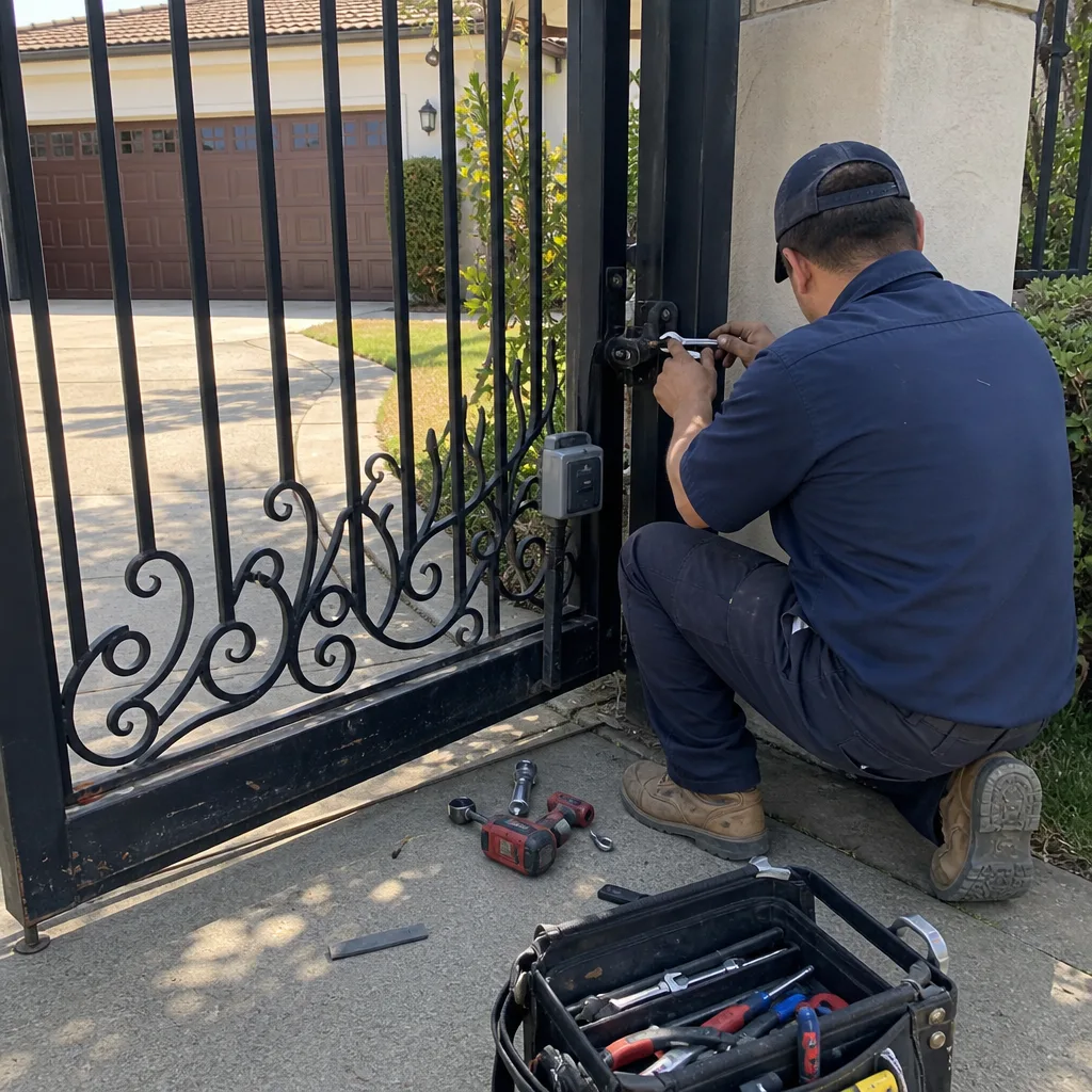 Professional technician repairing a residential metal driveway gate opener with tools