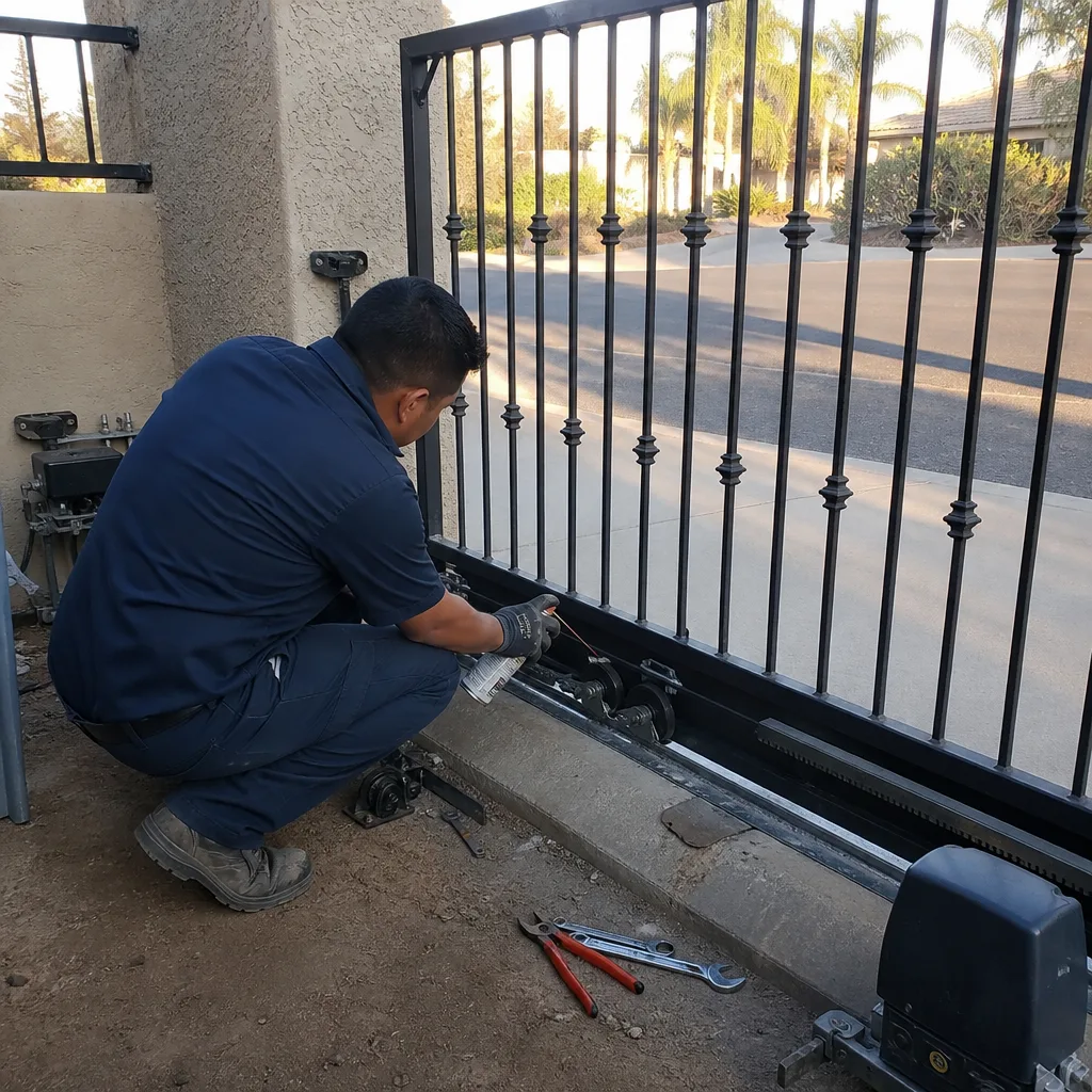 Technician performing professional sliding gate opener repair and maintenance.