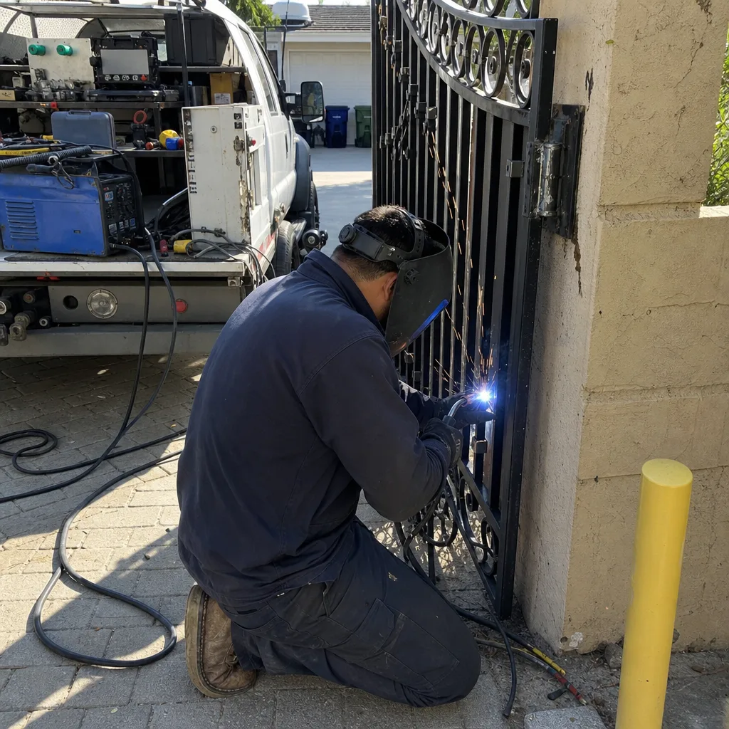 Professional welder performing metal gate repair and ironwork services